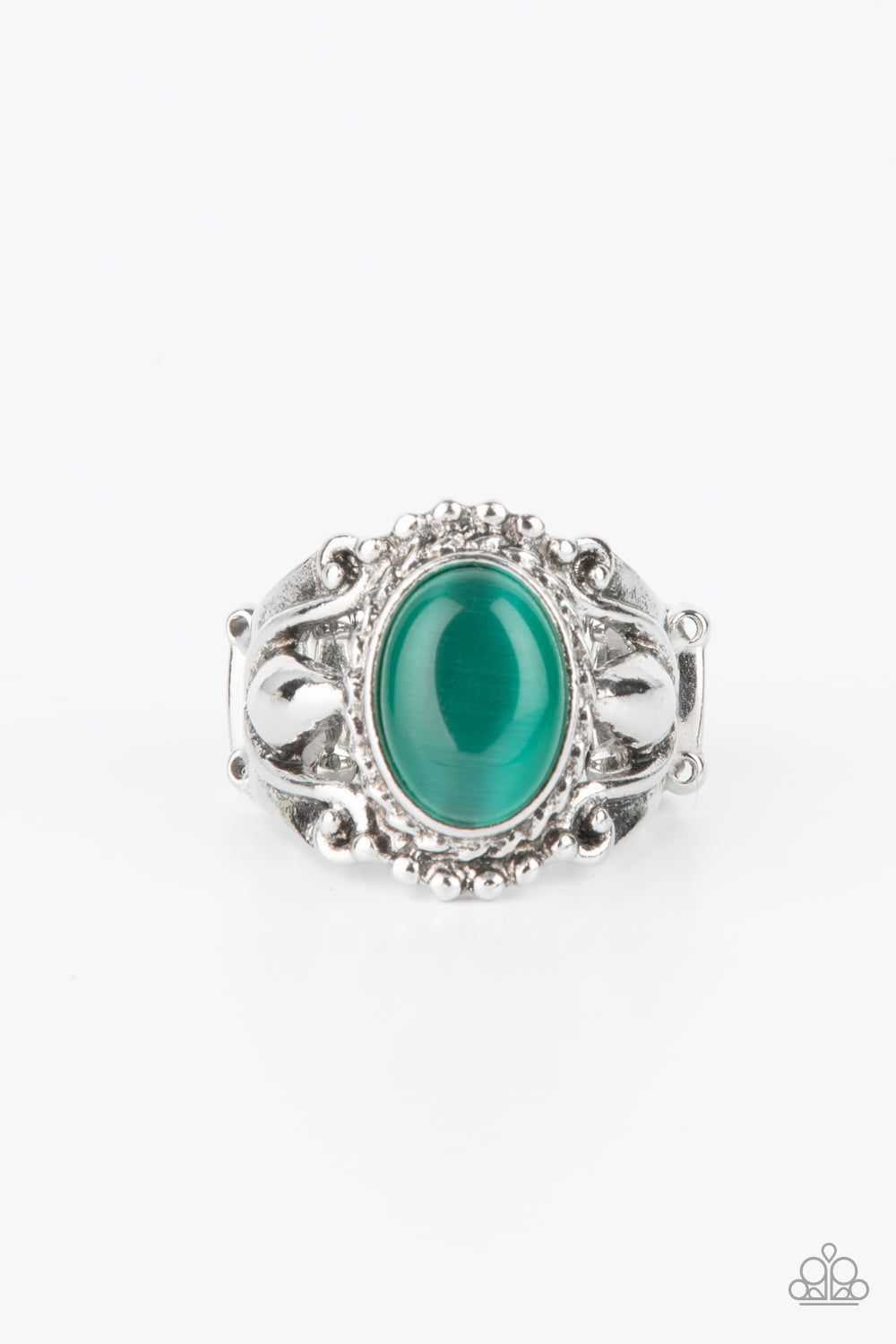 Jubilant Gem Green Ring - Paparazzi Accessories  A polished green cat's eye stone creates a jubilant statement as it rests inside a studded silver frame atop an airy pedestal like band. Features a stretchy band for a flexible fit.  All Paparazzi Accessories are lead free and nickel free!  Sold as one individual ring.