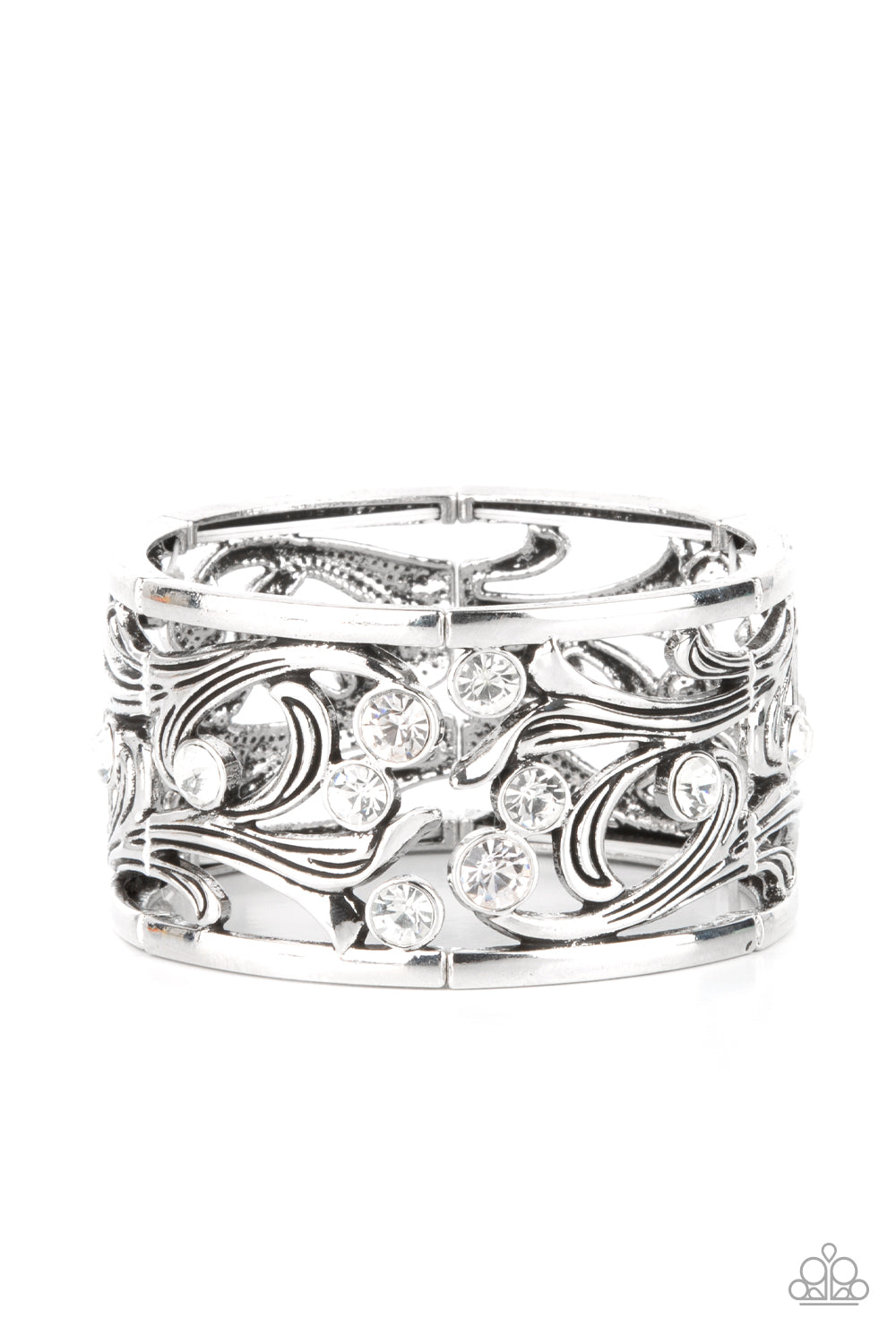 Garden Masquerade White Bracelet - Paparazzi Accessories  A smattering of brilliant white rhinestones scatter across an airy floral frame among vine-like filigree. The romantically whimsical frames are threaded along stretchy bands and repeat around the wrist for an enchanting display.  All Paparazzi Accessories are lead free and nickel free!  Sold as one individual bracelet.