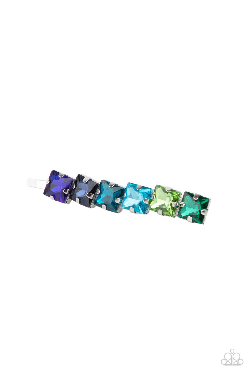 Prismatically Pinned Multi Hair Clip - Paparazzi Accessories  A sparkly ombre of green to blue square cut rhinestones embellish the front of a classic silver bobby pin, creating a dazzling centerpiece.  Sold as one individual hair clip.