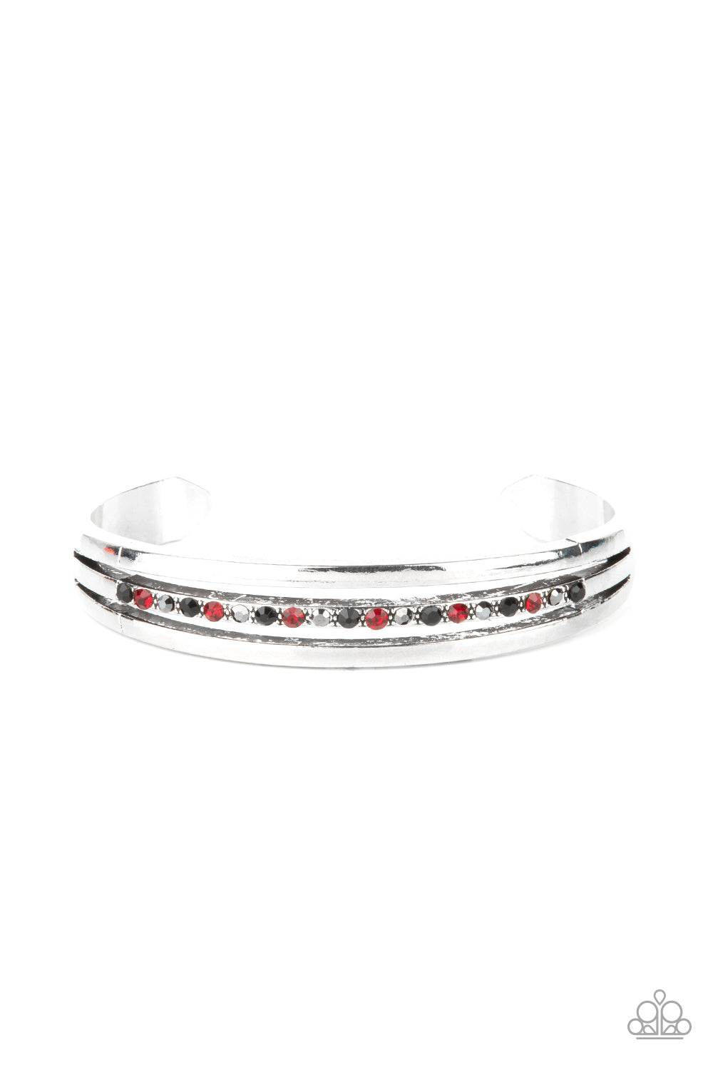 A Point Of Pride Multi Cuff Bracelet - Paparazzi Accessories  Two glistening silver bars flank a row of black, red, and hematite rhinestones, coalescing into a dainty layered cuff around the wrist for a dash of refined edge.  All Paparazzi Accessories are lead free and nickel free!   Sold as one individual bracelet.