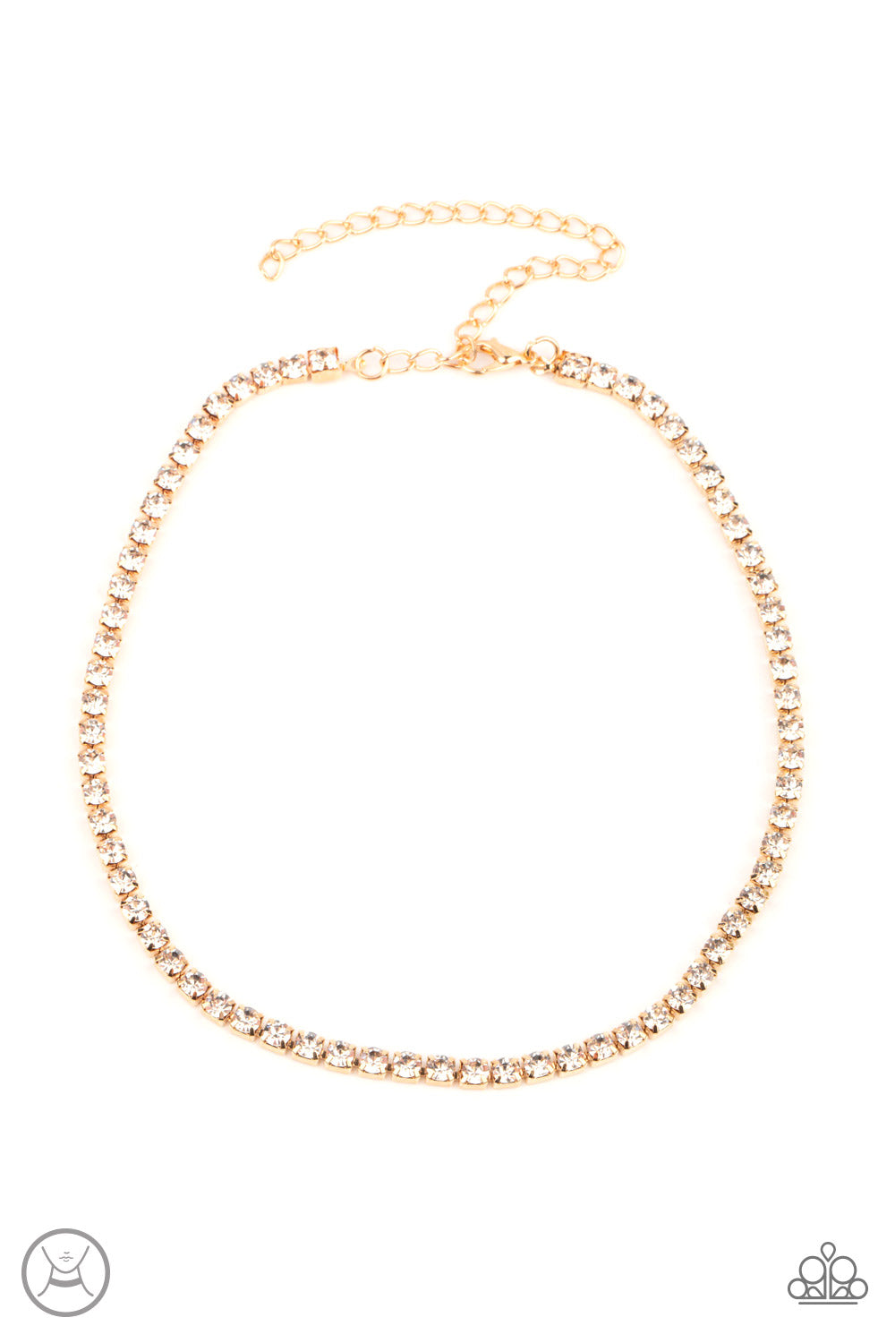 Starlight Radiance Gold Choker Necklace - Paparazzi Accessories  A strand of brilliant white rhinestones set in classic gold fittings creates a stunningly radiant display across the collar. Features an adjustable clasp closure.  All Paparazzi Accessories are lead free and nickel free!  Sold as one individual choker necklace. Includes one pair of matching earrings.