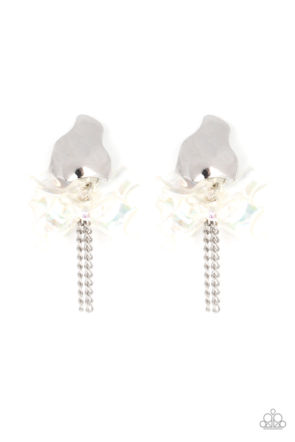 Harmonically Holographic White Post Earring - Paparazzi Accessories  Dainty silver chains stream out from the bottom of iridescent acrylic petal-like frames that attach to an asymmetrical silver frame, creating an enchanting cluster. Earring attaches to a standard post fitting.  All Paparazzi Accessories are lead free and nickel free!  Sold as one pair of post earrings.