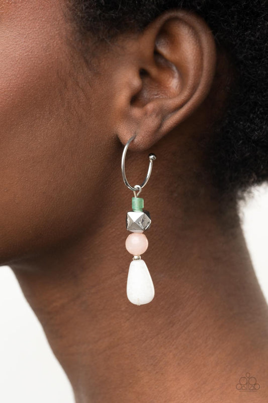 Boulevard Stroll Multi Earring - Paparazzi Accessories  A charismatic collection of jade, pink, and white stone beads, accented with a silver faceted square bead, are threaded onto a silver pin which dangles from a dainty silver hoop. Earring attaches to a standard post fitting. Hoop measures approximately 3/4" in diameter.  Sold as one pair of hoop earrings.