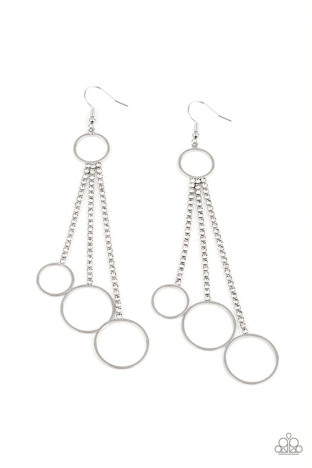 Demurely Dazzling White Earring - Paparazzi Accessories  Dainty silver hoops swing from the bottom of glittery strands of glassy white rhinestones that attach to the bottom of a dainty silver ring, creating a tantalizing tassel. Earring attaches to a standard fishhook fitting.  All Paparazzi Accessories are lead free and nickel free!  Sold as one pair of earrings.