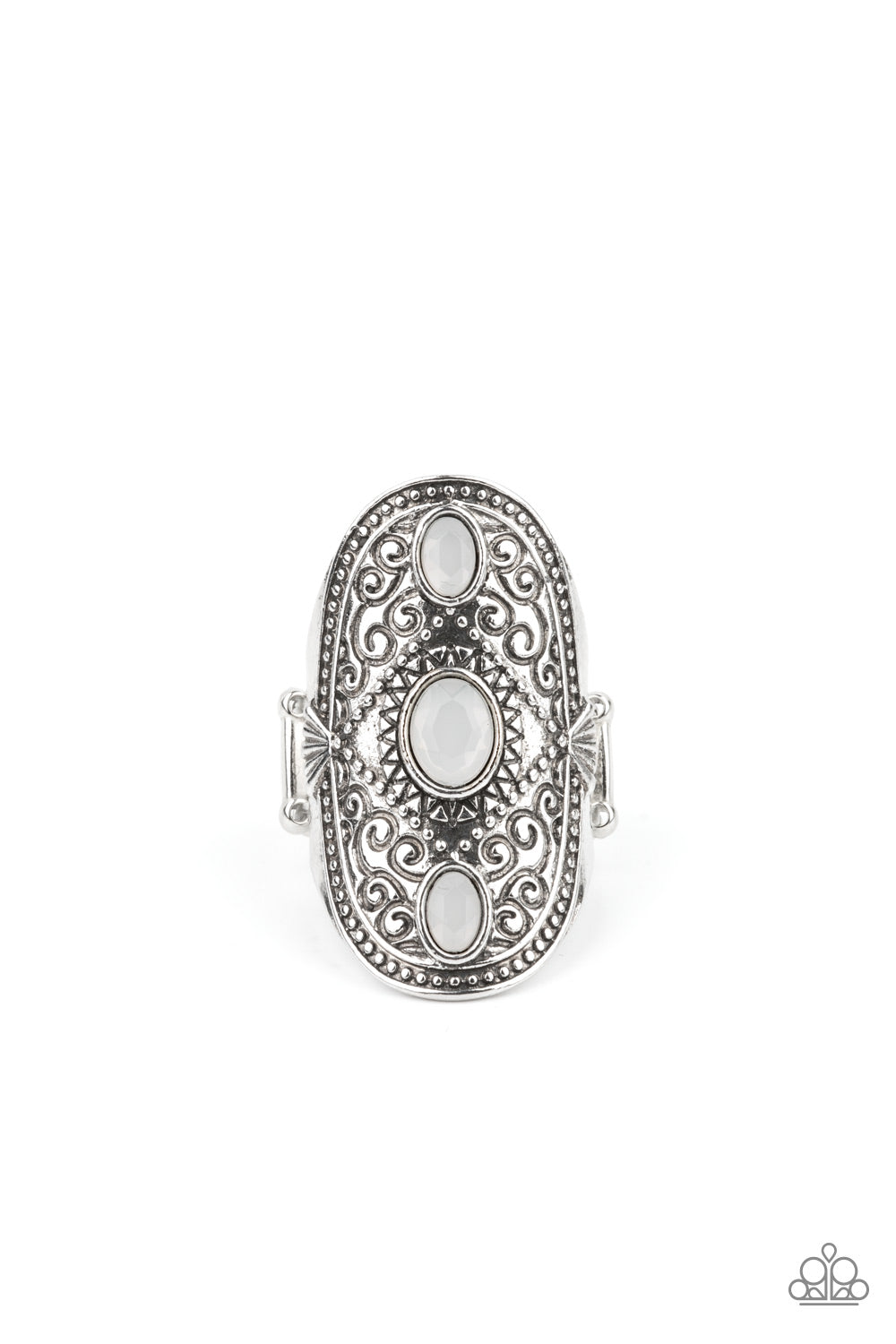 Promenade Paradise White Ring - Paparazzi Accessories  A trio of opaque white oval beads encased in silver frames graces the top of an elaborately decorated silver band. Dotted texture and floral designs create a statement-making finish atop the finger. Features a stretchy band for a flexible fit.  All Paparazzi Accessories are lead free and nickel free!  Sold as one individual ring.