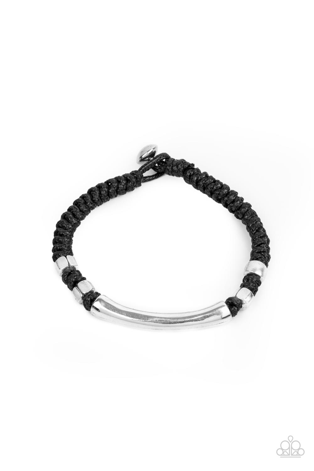 Grounded in Grit Black Urban Bracelet - Paparazzi Accessories Infused with asymmetrical brass beads, a rust brass bar is knotted in place across the center of a braided brown cord for an urban flair around the wrist. Features a button loop closure.  ﻿All Paparazzi Accessories are lead free and nickel free!   Sold as one individual bracelet.