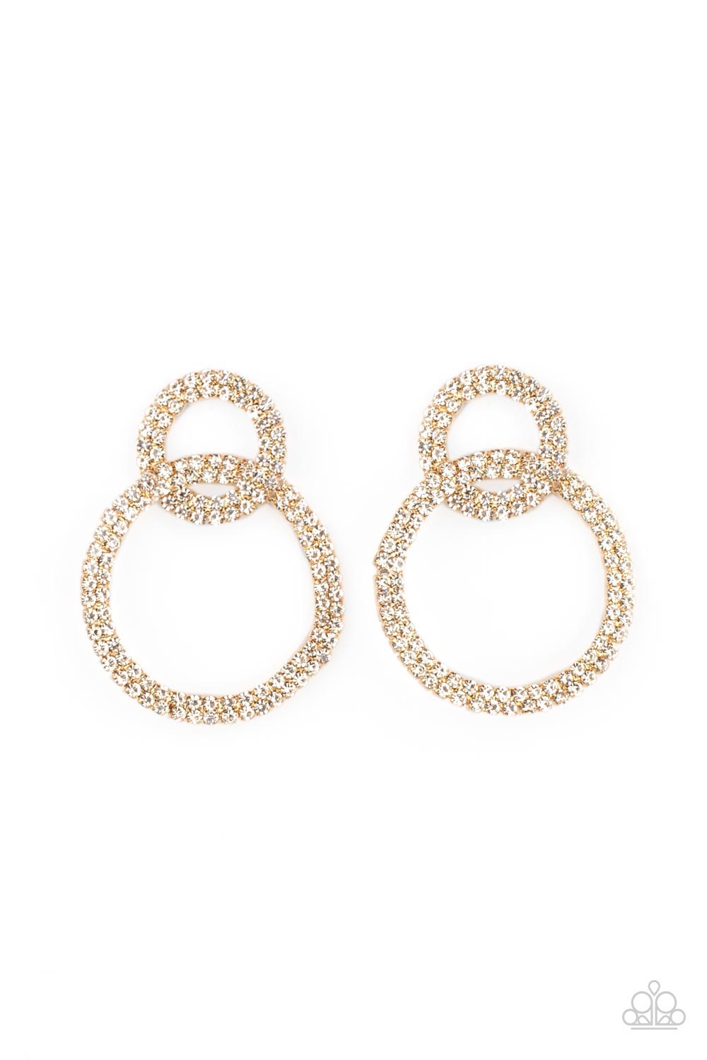 Intensely Icy Gold Post Earring - Paparazzi Accessories  Rows of sparkly white rhinestones encircle into two interconnected hoops, creating a jaw-dropping lure. Earring attaches to a standard post fitting.  Sold as one pair of post earrings.