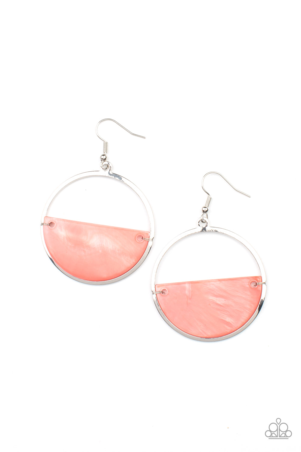 Seashore Vibes Orange Earring - Paparazzi Accessories  Brushed in an iridescent shimmer, a Burnt Coral half moon shell attaches to the bottom of a flat silver hoop for a summery splash of color. Earring attaches to a standard fishhook fitting.  All Paparazzi Accessories are lead free and nickel free!  Sold as one pair of earrings.