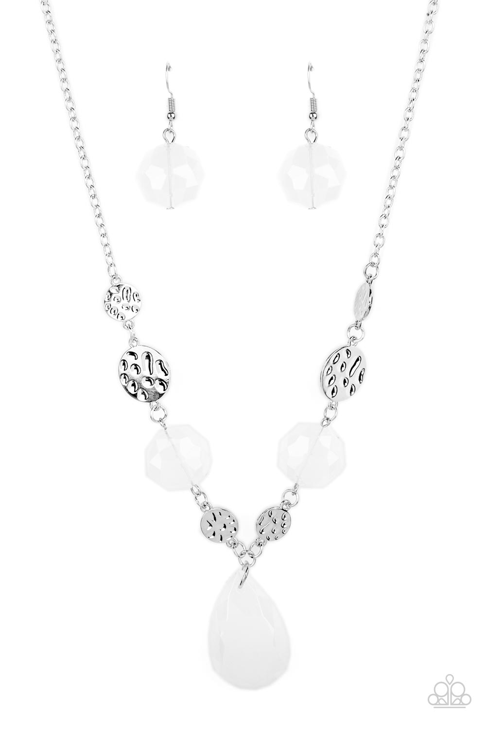 DEW What You Wanna DEW White Necklace - Paparazzi Accessories  A dewy white teardrop swings from the bottom of interlinking hammered silver discs and matching dewy white crystal-like beads, creating a dreamy display below the collar. Features an adjustable clasp closure.  Sold as one individual necklace. Includes one pair of matching earrings.