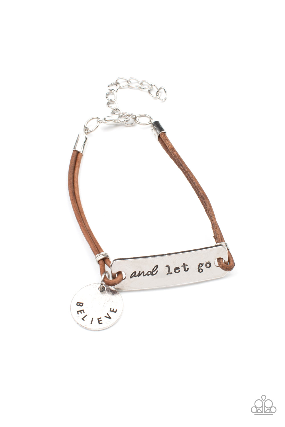 Believe and Let Go Brown Bracelet - Paparazzi Accessories  An antiqued disc stamped in the word, "believe" and a silver plate stamped in the phrase, "and let go," are knotted in place around the wrist with layers of brown suede cording, creating a motivational centerpiece. Features an adjustable clasp closure.  Sold as one individual bracelet.