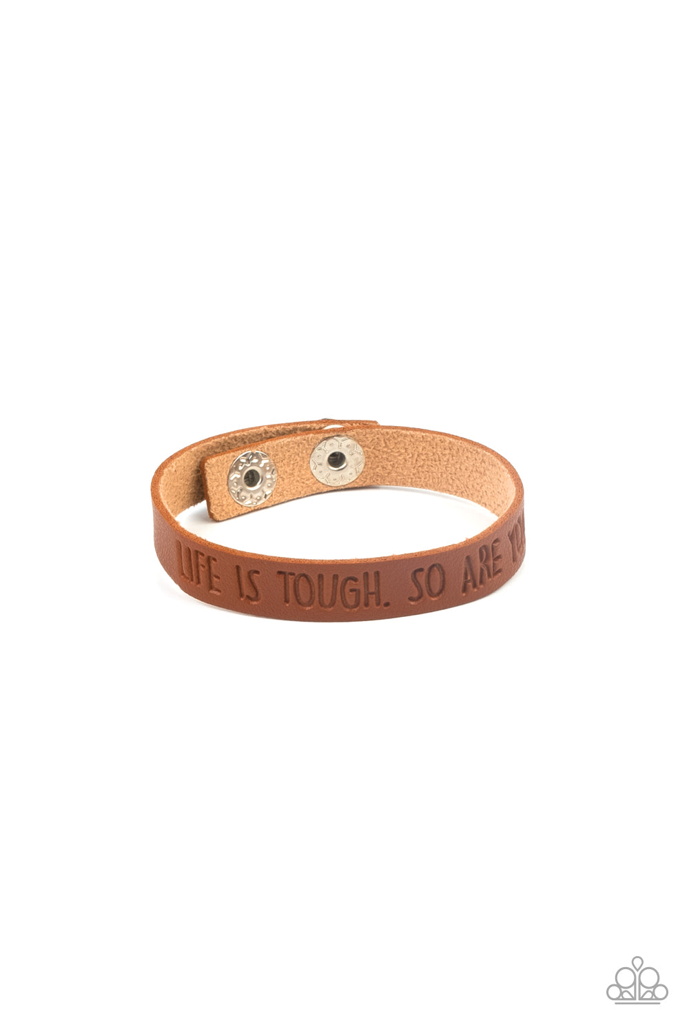 Life is Tough Brown Wrap Bracelet - Paparazzi Accessories  A dainty brown leather band is stamped in the phrase, "Life is tough. So Are You.," creating an inspiring centerpiece around the wrist. Features an adjustable snap closure.  All Paparazzi Accessories are lead free and nickel free!  Sold as one individual bracelet.