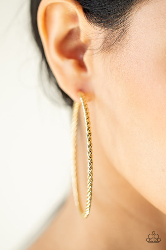 Resist The Twist Gold Hoop Earring - Paparazzi Accessories  Shiny gold strands twist together to form an edgy statement-making hoop. Earring attaches to a standard post fitting. Hoop measures approximately 2 3/4" in diameter.  Sold as one pair of hoop earrings.
