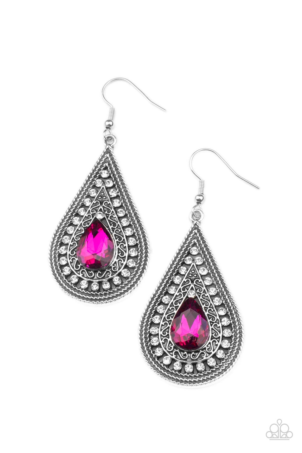 Metro Masquerade Pink Earring - Paparazzi Accessories  An elaborate silver teardrop frame, adorned with a rope-like border and dainty white rhinestones, encases a brilliant pink teardrop gem creating a stunningly captivating lure. Earring attaches to a standard fishhook fitting.  Sold as one pair of earrings.