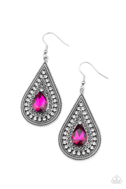 Metro Masquerade Pink Earring - Paparazzi Accessories  An elaborate silver teardrop frame, adorned with a rope-like border and dainty white rhinestones, encases a brilliant pink teardrop gem creating a stunningly captivating lure. Earring attaches to a standard fishhook fitting.  Sold as one pair of earrings.