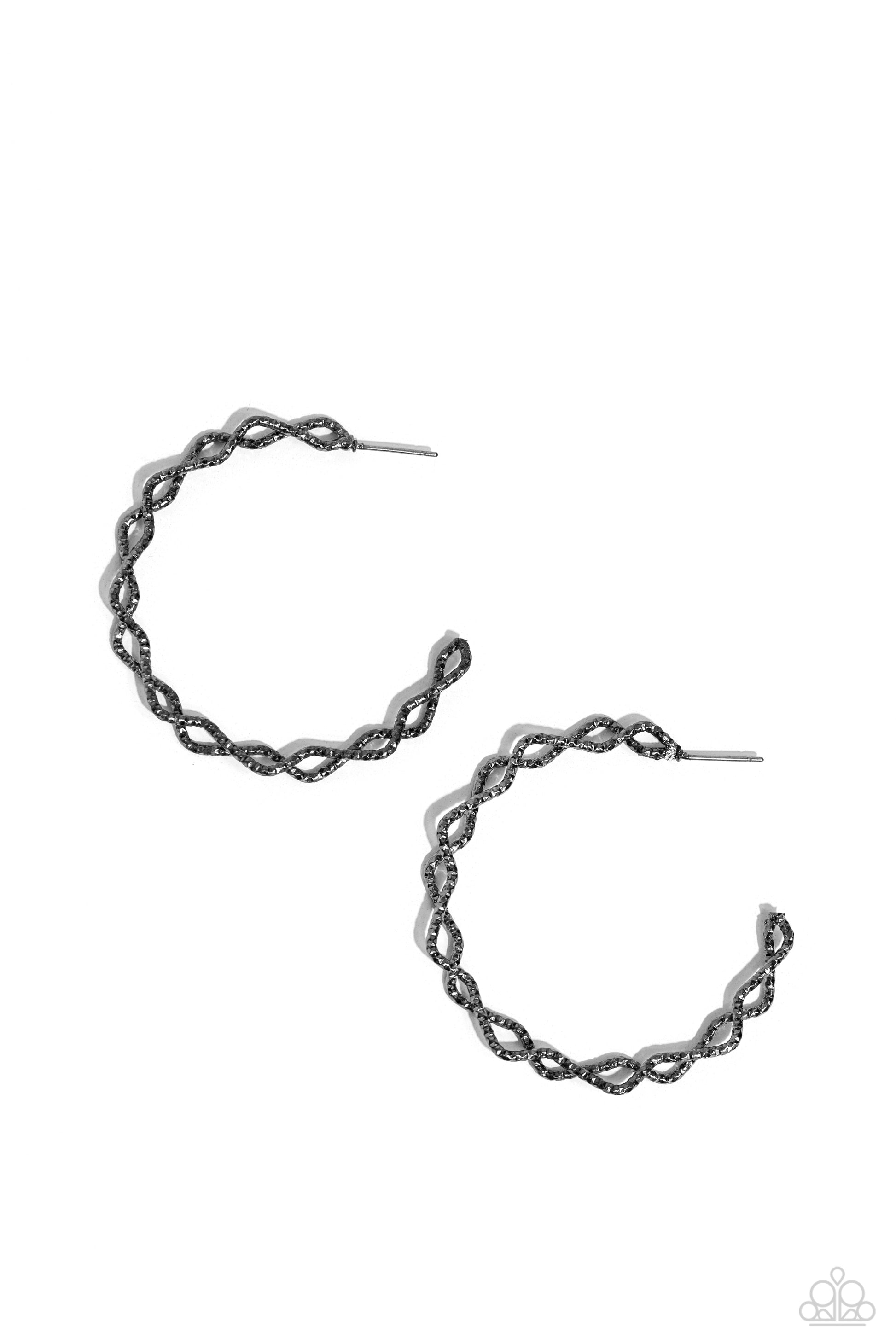 Haute Helix Black Hoop Earring - Paparazzi Accessories  Textured gunmetal bars delicately twist into a glistening helix, creating an edgy oversized hoop. Earring attaches to a standard post fitting. Hoop measures approximately 2" in diameter.  Sold as one pair of hoop earrings.  P5HO-BKXX-217XX