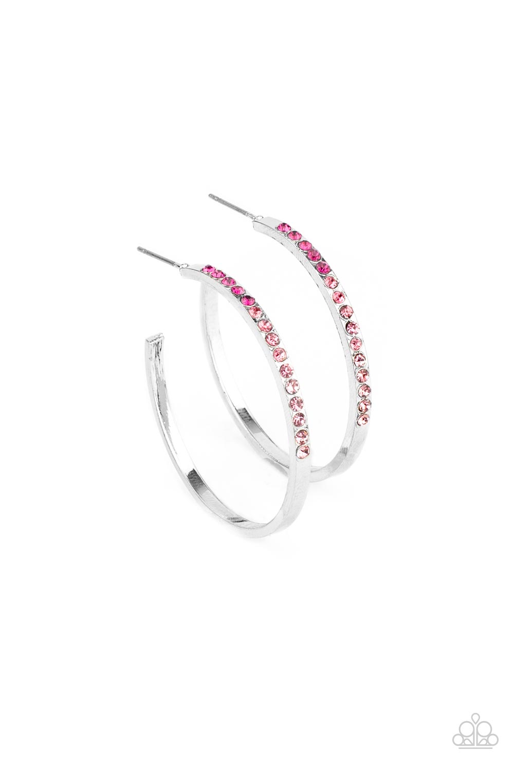Somewhere Over the OMBRE Pink Hoop Earring - Paparazzi Accessories  The front half of a dainty silver hoop is encrusted in an ombre of pink rhinestones, creating a sparkly spectrum of color. Earring attaches to a standard post fitting. Hoop measures approximately 1 1/2" in diameter.  Sold as one pair of hoop earrings.