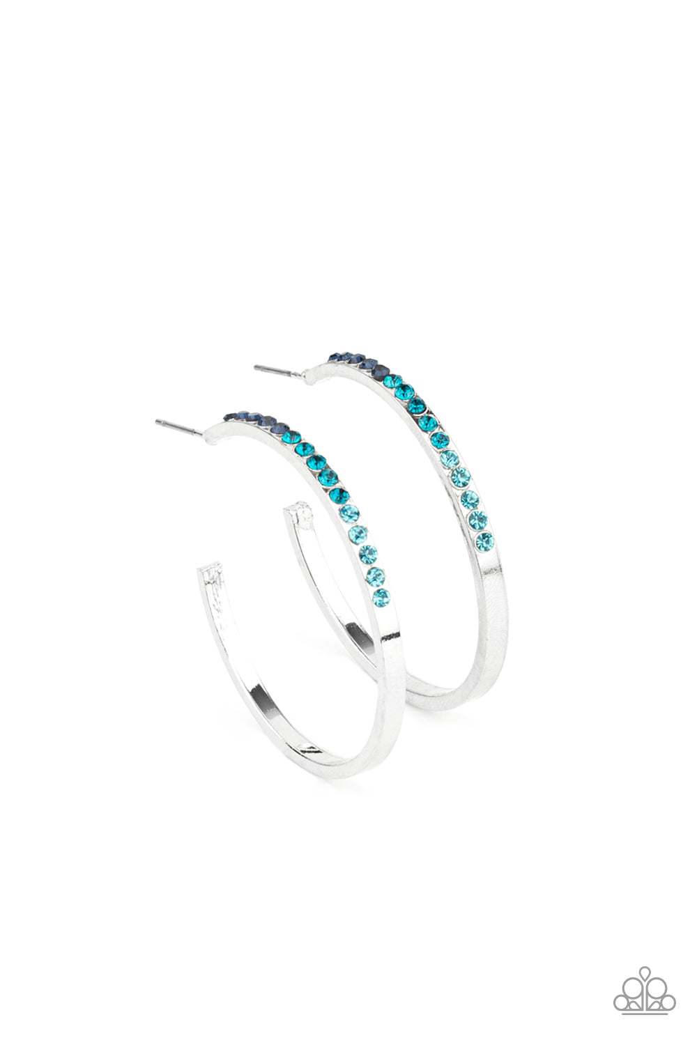Somewhere Over the OMBRE Blue Hoop Earring - Paparazzi Accessories  The front half of a dainty silver hoop is encrusted in an ombre of blue rhinestones, creating a sparkly spectrum of color. Earring attaches to a standard post fitting. Hoop measures approximately 1 1/2" in diameter.  Sold as one pair of hoop earrings.