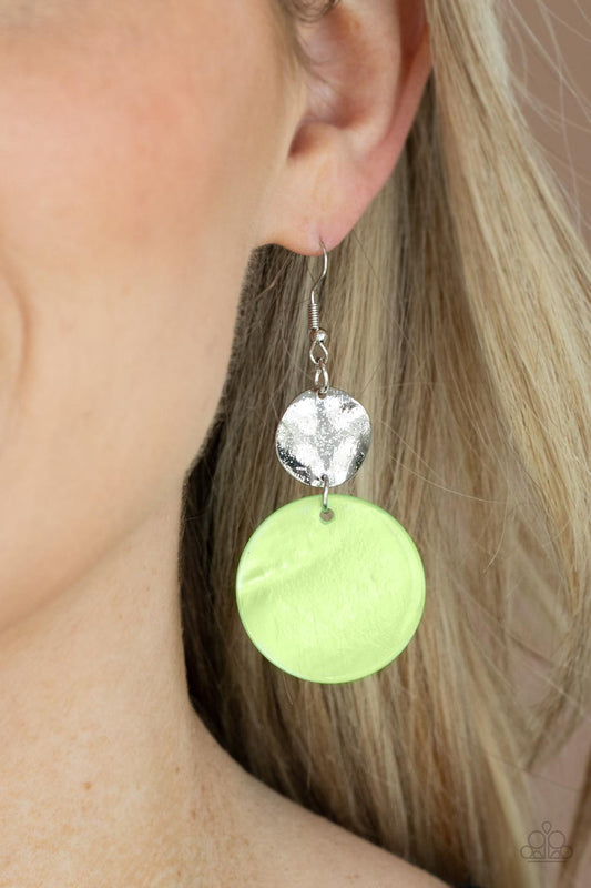 Opulently Oasis Green Earring - Paparazzi Accessories  An oversized green shell-like disc is topped by a wavy, sparkling silver disc. The pair sways dramatically from a silver fitting for a breezy finish. Earring attaches to a standard fishhook fitting.  All Paparazzi Accessories are lead free and nickel free!  Sold as one pair of earrings.