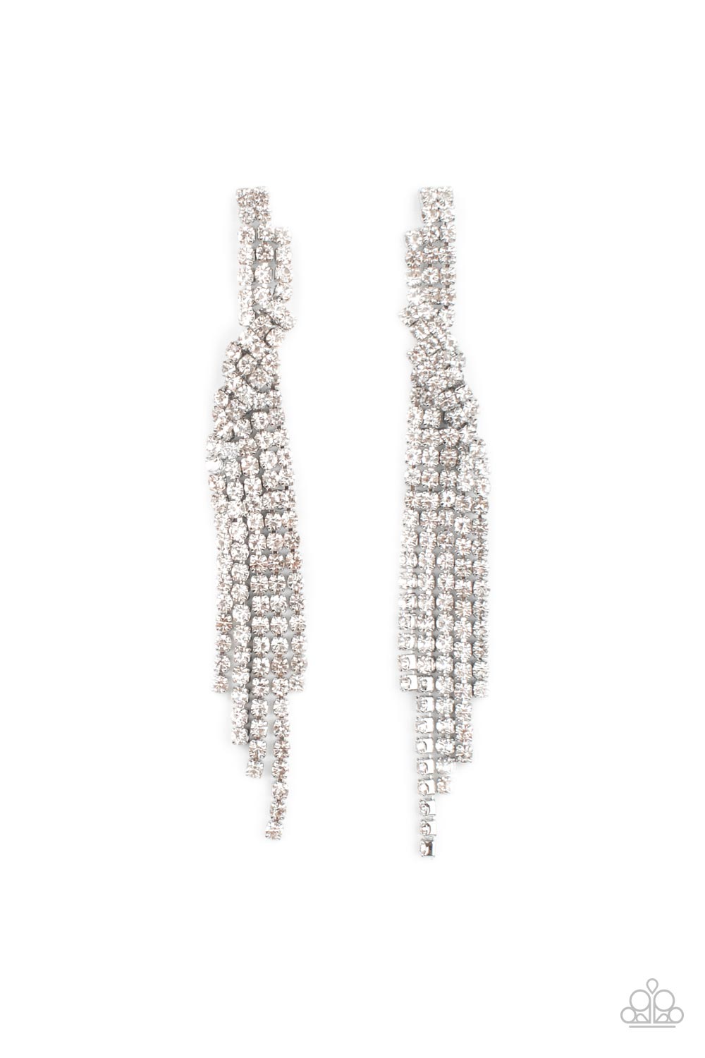 Cosmic Candescence White Earring - Paparazzi Accessories  Encased in sleek silver fittings, dainty strands of glittery white rhinestones delicately overlap into a tapered tassel for a twinkly look. Earring attaches to a standard post fitting.  Sold as one pair of post earrings.