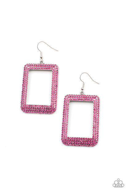World FRAME-ous Pink Earring - Paparazzi Accessories  Bordered in rows of glittery pink rhinestones, an oversized silver rectangular frame swings from the ear for a fashionable finish. Earring attaches to a standard fishhook fitting.  All Paparazzi Accessories are lead free and nickel free!  Sold as one pair of earrings.
