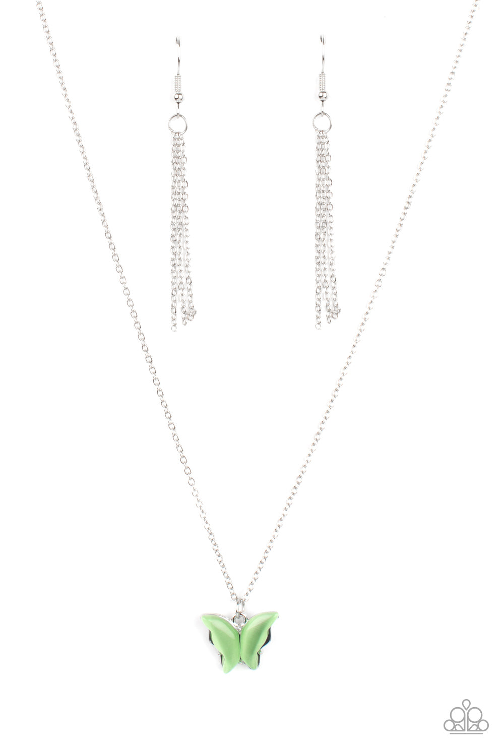 Butterfly Prairies Green Necklace - Paparazzi Accessories  Infused with glistening green cat's eye stone wings, a shiny silver butterfly pendant swings from a dainty silver chain below the collar for a whimsy flair. Features an adjustable clasp closure.  All Paparazzi Accessories are lead free and nickel free!  Sold as one individual necklace. Includes one pair of matching earrings.