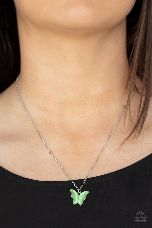 Butterfly Prairies Green Necklace - Paparazzi Accessories  Infused with glistening green cat's eye stone wings, a shiny silver butterfly pendant swings from a dainty silver chain below the collar for a whimsy flair. Features an adjustable clasp closure.  All Paparazzi Accessories are lead free and nickel free!  Sold as one individual necklace. Includes one pair of matching earrings.