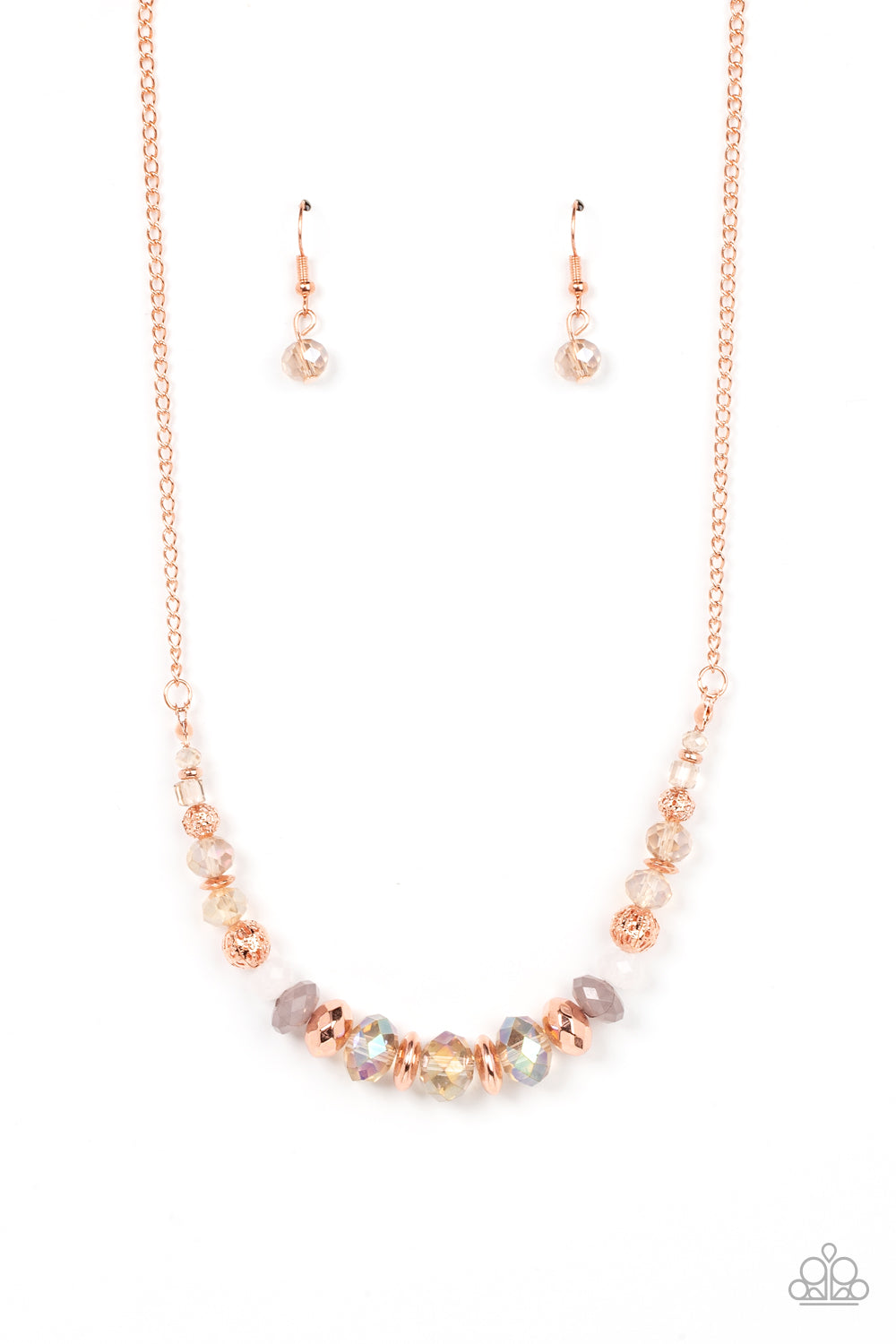 Turn Up The Tea Lights Copper Necklace - Paparazzi Accessories  Varying in opacity, an enchanting collection of iridescent pink, white and champagne colored crystal-like beads are threaded along an invisible wire that is attached to a shiny copper chain below the collar. Mismatched shiny copper beads and ornate shiny copper accents are sprinkled between the glittery compilation, adding a whimsy sheen to the colorful statement piece. Features a clasp closure. Includes one pair of matching earrings.