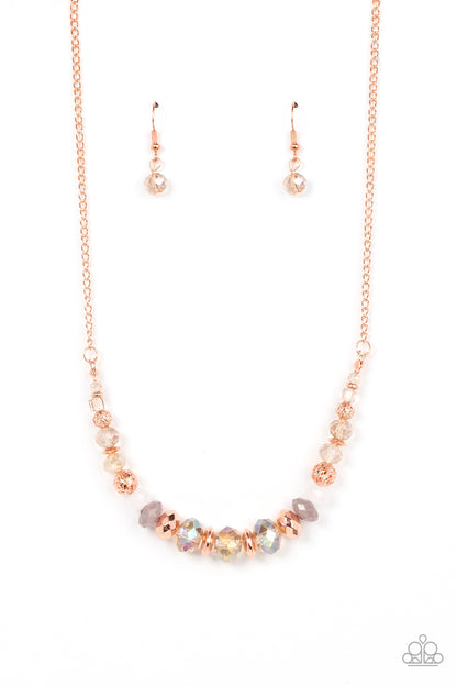 Turn Up The Tea Lights Copper Necklace - Paparazzi Accessories  Varying in opacity, an enchanting collection of iridescent pink, white and champagne colored crystal-like beads are threaded along an invisible wire that is attached to a shiny copper chain below the collar. Mismatched shiny copper beads and ornate shiny copper accents are sprinkled between the glittery compilation, adding a whimsy sheen to the colorful statement piece. Features a clasp closure. Includes one pair of matching earrings.