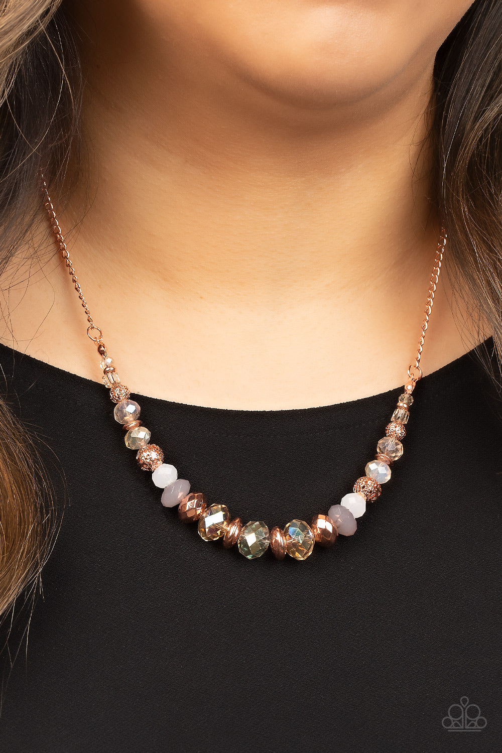 Turn Up The Tea Lights Copper Necklace - Paparazzi Accessories  Varying in opacity, an enchanting collection of iridescent pink, white and champagne colored crystal-like beads are threaded along an invisible wire that is attached to a shiny copper chain below the collar. Mismatched shiny copper beads and ornate shiny copper accents are sprinkled between the glittery compilation, adding a whimsy sheen to the colorful statement piece. Features a clasp closure. Includes one pair of matching earrings.