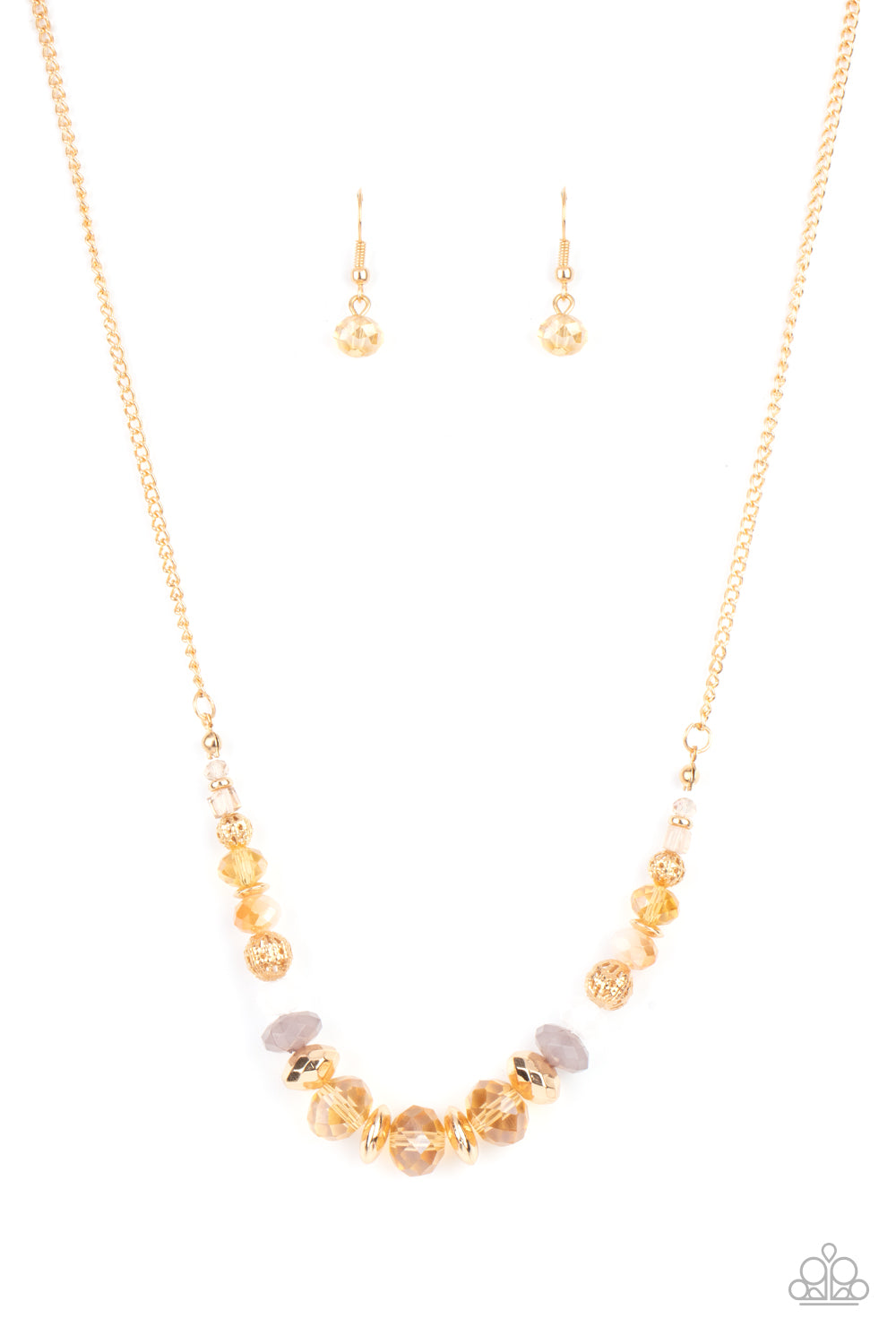 Turn Up The Tea Lights Gold Necklace - Paparazzi Accessories  Varying in opacity, an enchanting collection of iridescent and crystal-like beads are threaded along an invisible wire that is attached to a gold chain below the collar. Mismatched gold beads and ornate gold accents are sprinkled between the glittery compilation, adding a whimsy sheen to the colorful statement piece. Features an adjustable clasp closure.  Sold as one individual necklace. Includes one pair of matching earrings.