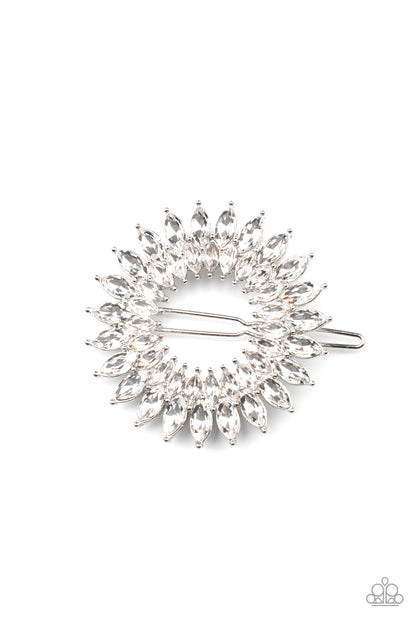 Flauntable Fireworks White Hair Clip - Paparazzi Accessories  An explosion of white marquise cut rhinestones delicately coalesce into two sparkly rings, creating a glittery centerpiece. Features a clamp barrette closure.  Sold as one individual barrette.