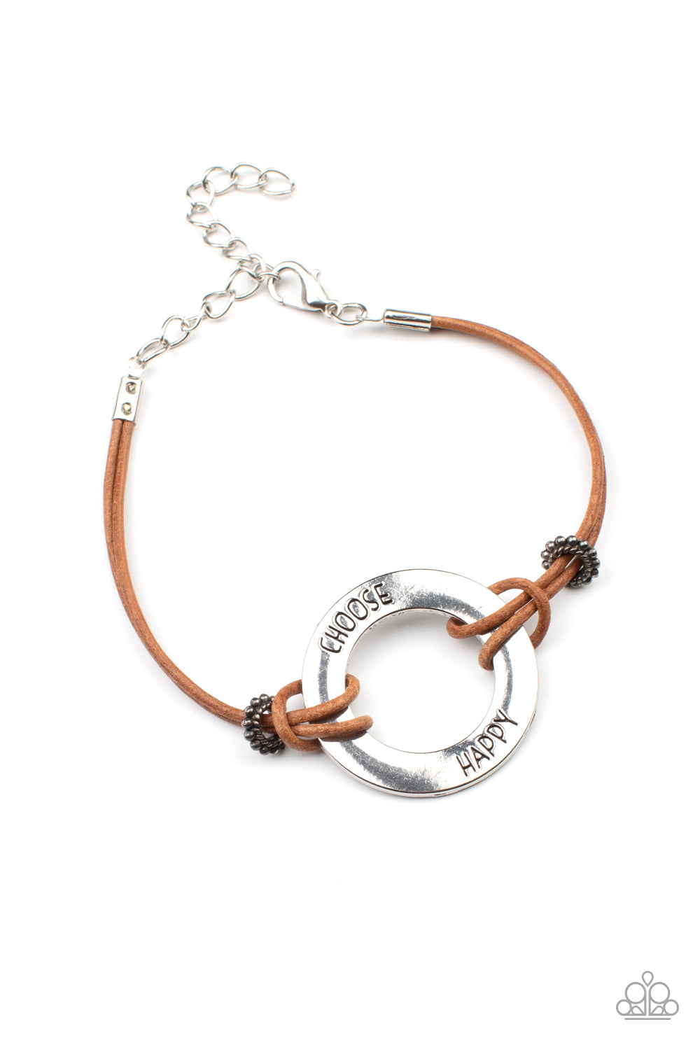 Choose Happy Brown Urban Bracelet - Paparazzi Accessories  Infused with antiqued studded beads, brown leathery cords knot around a silver ring stamped in the phrase, "Choose Happy," creating a motivational centerpiece around the wrist. Features an adjustable clasp closure.  Sold as one individual bracelet.