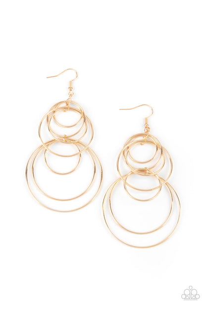 I Feel Dizzy Gold Earring - Paparazzi Accessories  Varying in size, a shiny collection of mismatched gold hoops haphazardly connect into a dizzying lure. Earring attaches to a standard fishhook fitting.  Sold as one pair of earrings.