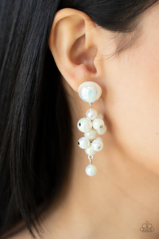 Dont Rock The YACHT Multi Earring - Paparazzi Accessories  Featuring an iridescent shimmer, a bubbly collection of white pearls delicately cluster at the bottom of a matching half pearl fitting for an effervescently flirty look. Earring attaches to a standard post fitting.  Sold as one pair of post earrings.