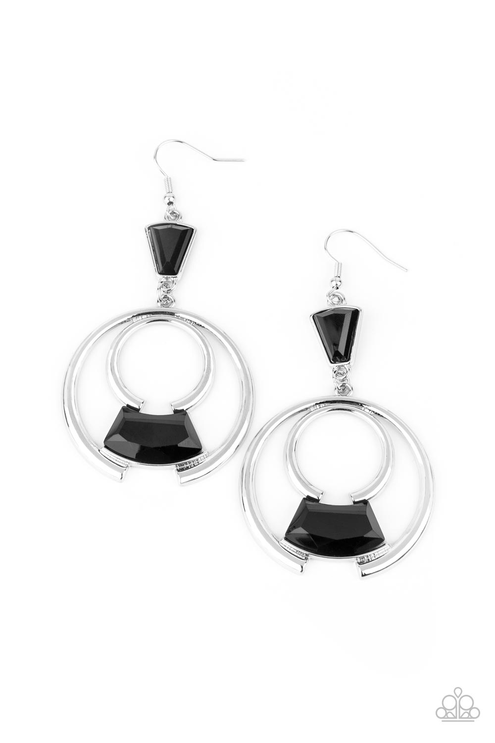 Deco Dancing Black Earring - Paparazzi Accessories  Bold silver circles create an eye-catching frame for a faceted black gem. The trendy pendant sways from a triangular black gem anchor for an embellished finish. Earring attaches to a standard fishhook fitting.  All Paparazzi Accessories are lead free and nickel free!  Sold as one pair of earrings.