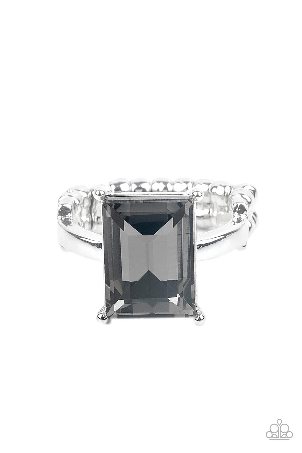 Social Glow Silver Ring - Paparazzi Accessories  A smoky emerald cut gem is nestled inside a pronged silver frame atop a dainty silver band, creating a sparkly statement atop the finger. Features a dainty stretchy band for a flexible fit.  All Paparazzi Accessories are lead free and nickel free!  Sold as one individual ring.