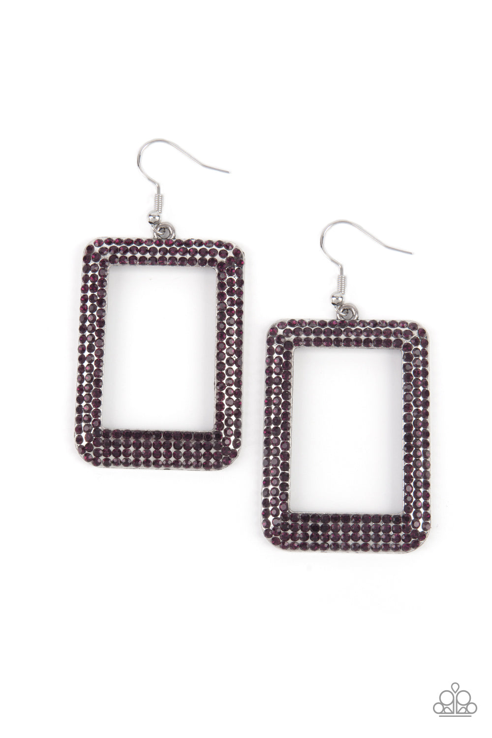 World FRAME-ous Purple Earring - Paparazzi Accessories  Bordered in rows of glittery purple rhinestones, an oversized silver rectangular frame swings from the ear for a fashionable finish. Earring attaches to a standard fishhook fitting.  All Paparazzi Accessories are lead free and nickel free!  Sold as one pair of earrings.