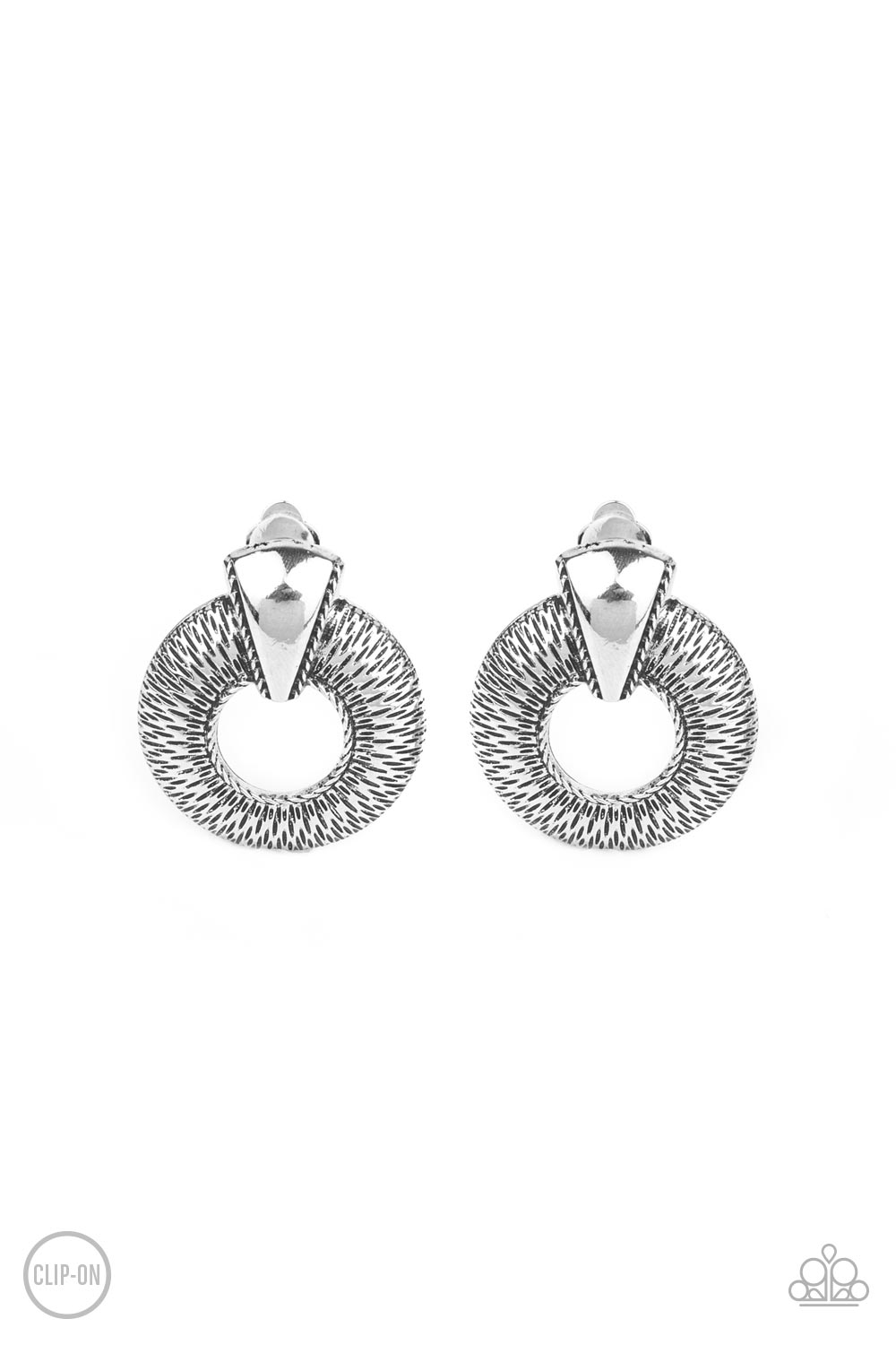 Industrial Innovator Silver Clip-On Earring - Paparazzi Accessories  Dainty sections of linear texture flare out from the center of an airy silver hoop that is adorned in an antiqued triangular accent, creating an edgy frame. Earring attaches to a standard clip-on fitting.  Sold as one pair of clip-on earrings.