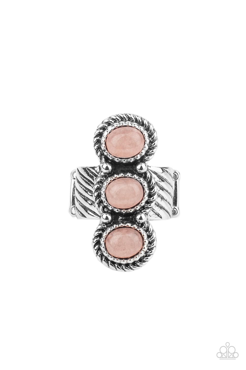 Peaceful Paradise Pink Ring - Paparazzi Accessories  A trio of asymmetrical rose quartz stones stack vertically across a linear textured silver band, creating a seasonal centerpiece atop the finger. Features a stretchy band for a flexible fit.  All Paparazzi Accessories are lead free and nickel free!  Sold as one individual ring.