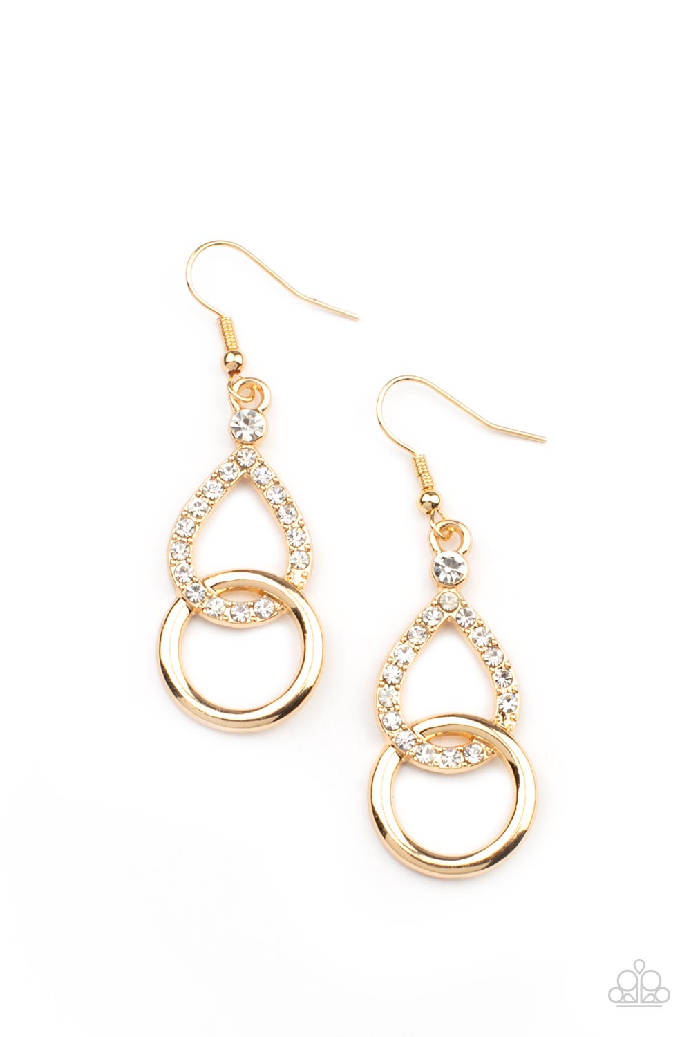Red Carpet Couture - Gold Item #P5DA-GDXX-055XX A glittery white rhinestone teardrop frame links with a glistening gold ring, creating a timeless lure. Earring attaches to a standard fishhook fitting.  Sold as one pair of earrings.