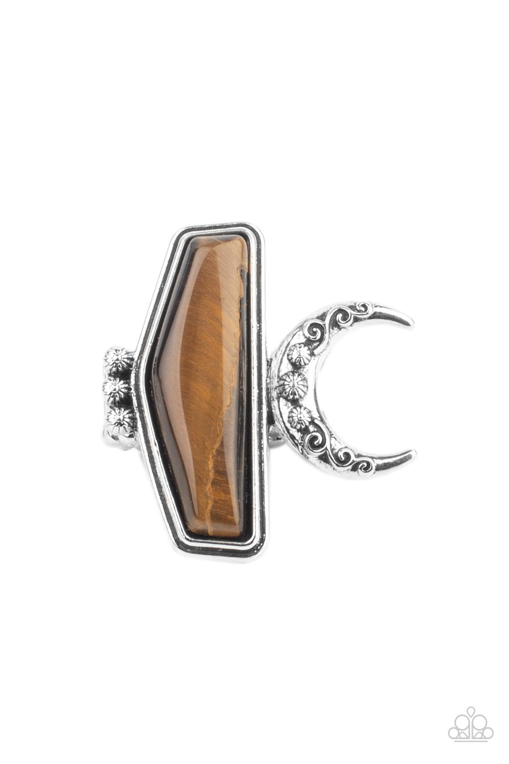 Cosmic Karma Brown Ring - Paparazzi Accessories  Encased in a raised silver fitting, a geometric tiger's eye stone is flank by a decorative row of silver studs and an ornate half moon frame for a seasonal statement. The oversized frame is attentional, creating the illusion of multiple rings. Features a stretchy band for a flexible fit.  All Paparazzi Accessories are lead free and nickel free!  Sold as one individual ring.
