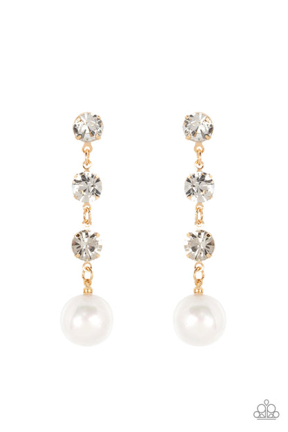 Yacht Scene Gold Earring - Paparazzi Accessories  Encased in sleek gold fittings, a trio of classic white rhinestones give way to an oversized iridescent pearl, creating an elegantly extended chandelier. Earring attaches to a standard post fitting.  Sold as one pair of post earrings.