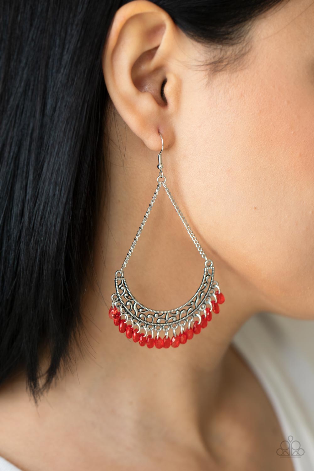 Orchard Odyssey Red Earring - Paparazzi Accessories Item #P5ST-RDXX-017XX Suspended by two silver chains, a half moon silver frame filled with vine-like filigree gives way to a dainty fringe of glassy red teardrop beads for an enchanting fashion. Earring attaches to a standard fishhook fitting.  Sold as one pair of earrings.