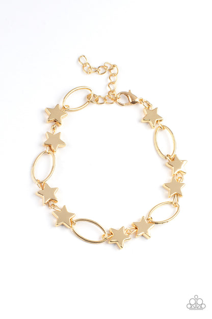 Stars and Sparks Gold Bracelet - Paparazzi Accessories  Dainty gold stars and airy gold ovals delicately link around the wrist, creating a stellar 4th of July display. Features an adjustable clasp closure.  All Paparazzi Accessories are lead free and nickel free!  Sold as one individual bracelet.