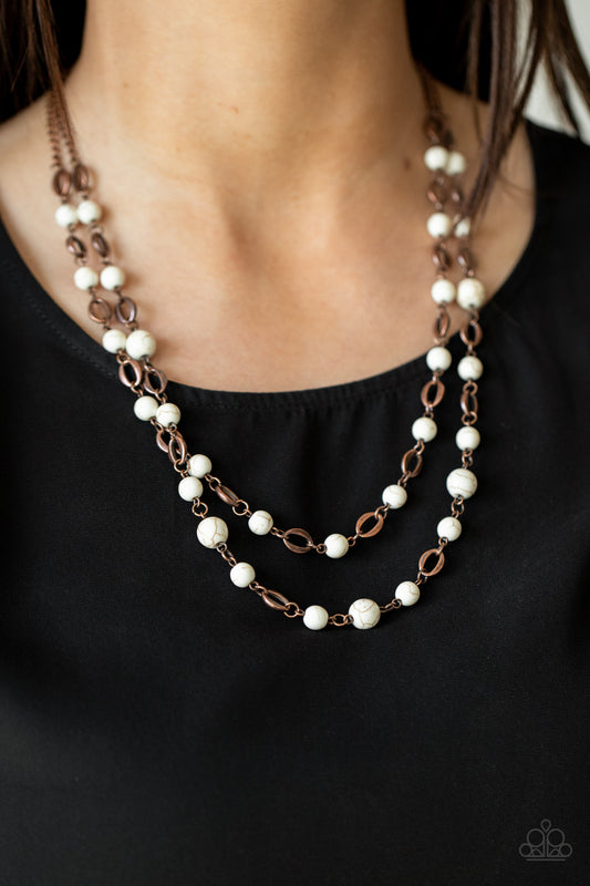 Essentially Earthy Copper Necklace- Paparazzi Accessories  An earthy collection of white stones link with copper oval frames below the collar, creating a rustically layered display. Features an adjustable clasp closure.  Sold as one individual necklace. Includes one pair of matching earrings.