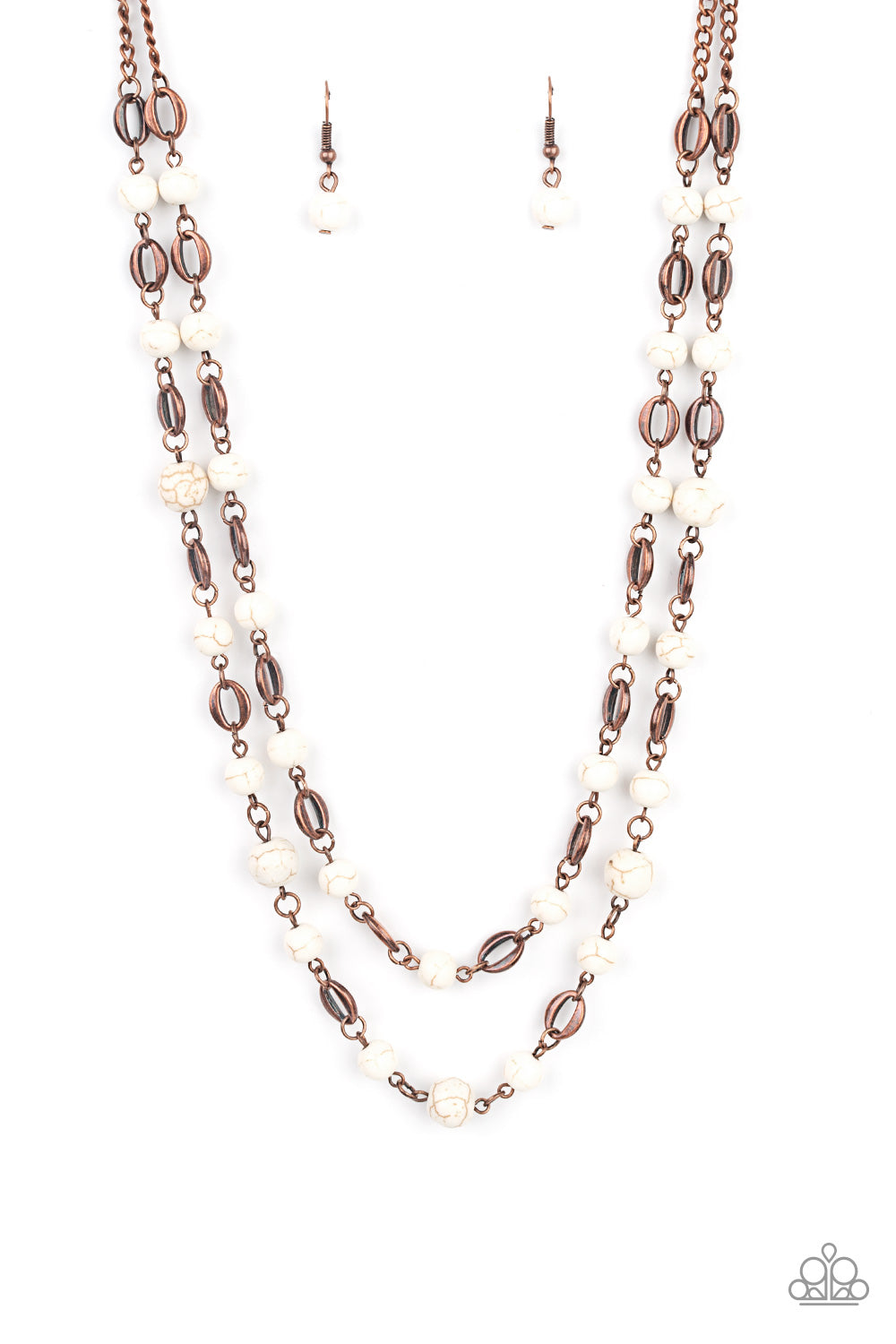 Essentially Earthy Copper Necklace- Paparazzi Accessories  An earthy collection of white stones link with copper oval frames below the collar, creating a rustically layered display. Features an adjustable clasp closure.  Sold as one individual necklace. Includes one pair of matching earrings.