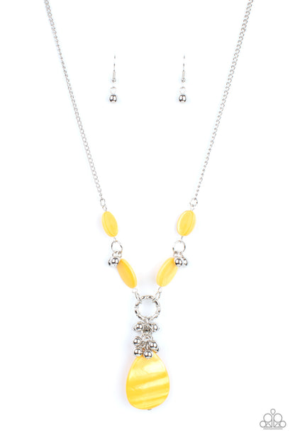 Summer Idol Yellow Necklace - Paparazzi Accessories  Oval Illuminating shell-like beads link with pairs of dainty silver beads below the collar. A cluster of shiny silver beads and an oversized Illuminating shell-like teardrop swings from the bottom, creating a vibrant summer inspired pendant. Features an adjustable clasp closure.  Sold as one individual necklace. Includes one pair of matching earrings.