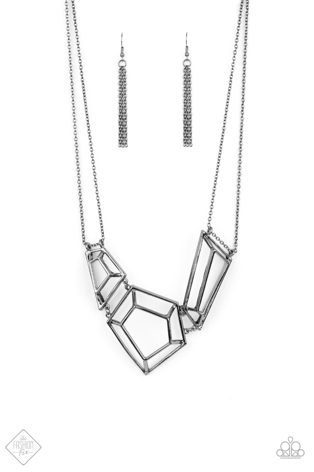 3-D Drama Black Necklace - Paparazzi Accessories  Glistening gunmetal bars connect into edgy 3-dimensional frames below the collar, creating a bold geometric statement piece. Features an adjustable clasp closure.  All Paparazzi Accessories are lead free and nickel free!  Sold as one individual necklace. Includes one pair of matching earrings.