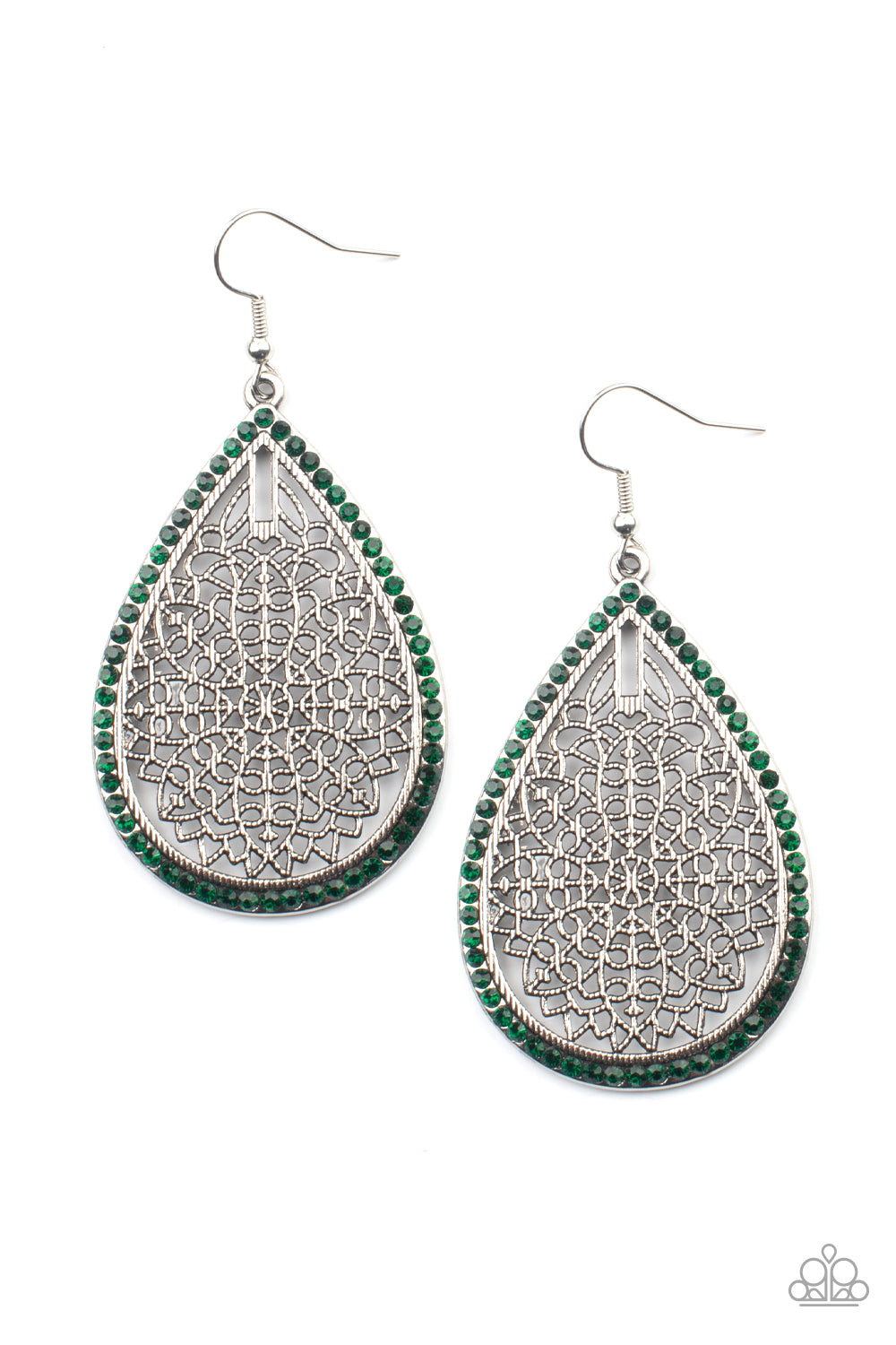 Fleur de Fantasy Green Earring - Paparazzi Accessories  Bordered in dainty green rhinestones, the center of an oversized silver teardrop is filled with an airy floral pattern for a seasonal flair. Earring attaches to a standard fishhook fitting.  All Paparazzi Accessories are lead free and nickel free!  Sold as one pair of earrings.