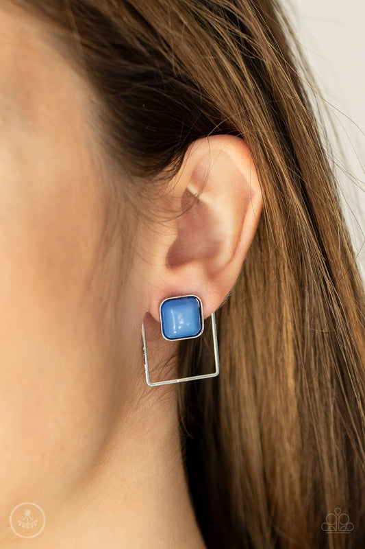 FLAIR and Square Blue Jacket Earring - Paparazzi Accessories  A bubbly French Blue square bead attaches to a double-sided post, while an airy silver square frame peeks out beneath the ear for a bold look. Earring attaches to a standard post fitting.  All Paparazzi Accessories are lead free and nickel free!  Sold as one pair of post earrings.